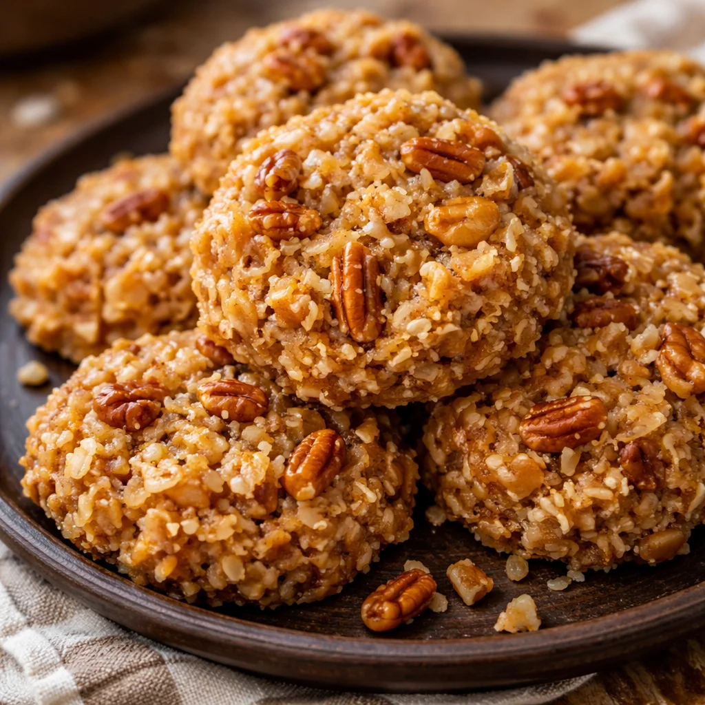 No Bake Coconut Pecan Praline Cookies on a plate, topped with pecans and coconut flakes.
