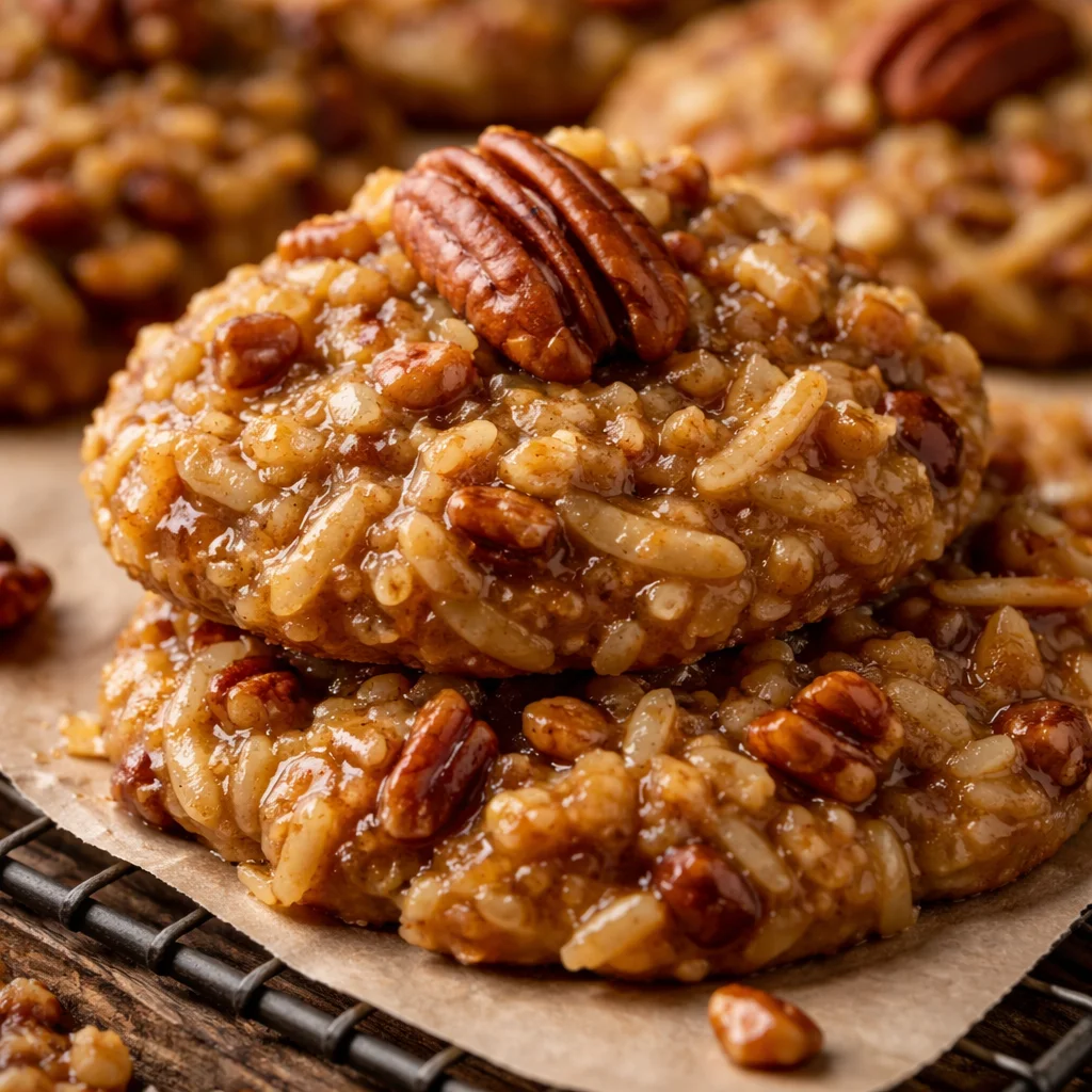 No-bake pecan coconut praline cookies stacked on a plate