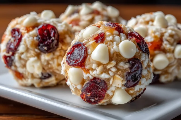 No-Bake White Chocolate Cranberry Oat Clusters on a rustic kitchen table