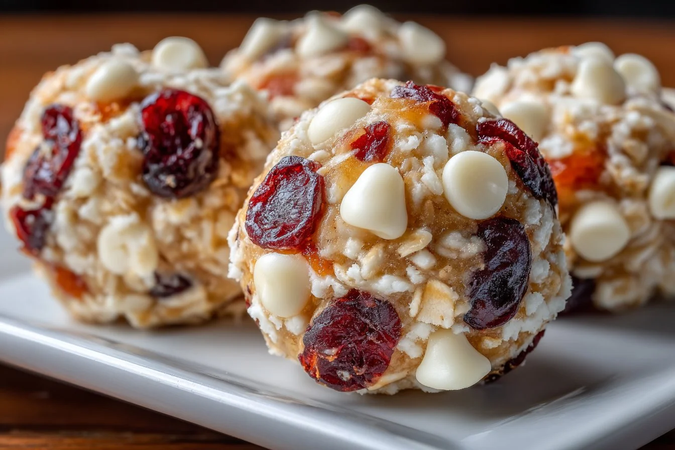 No-Bake White Chocolate Cranberry Oat Clusters on a rustic kitchen table