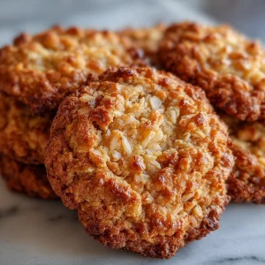 Oatmeal coconut ranger cookies on a plate with a rustic background