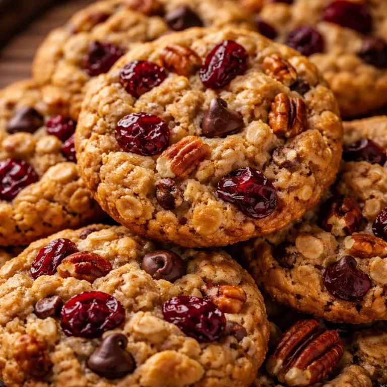 Freshly baked oatmeal cranberry pecan cookies on a cooling rack