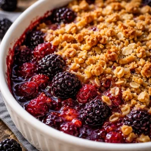 Deliciously baked old fashioned blackberry crisp served in a dish.