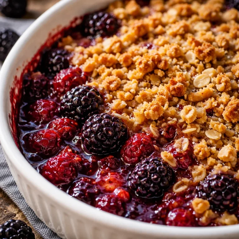 Deliciously baked old fashioned blackberry crisp served in a dish.