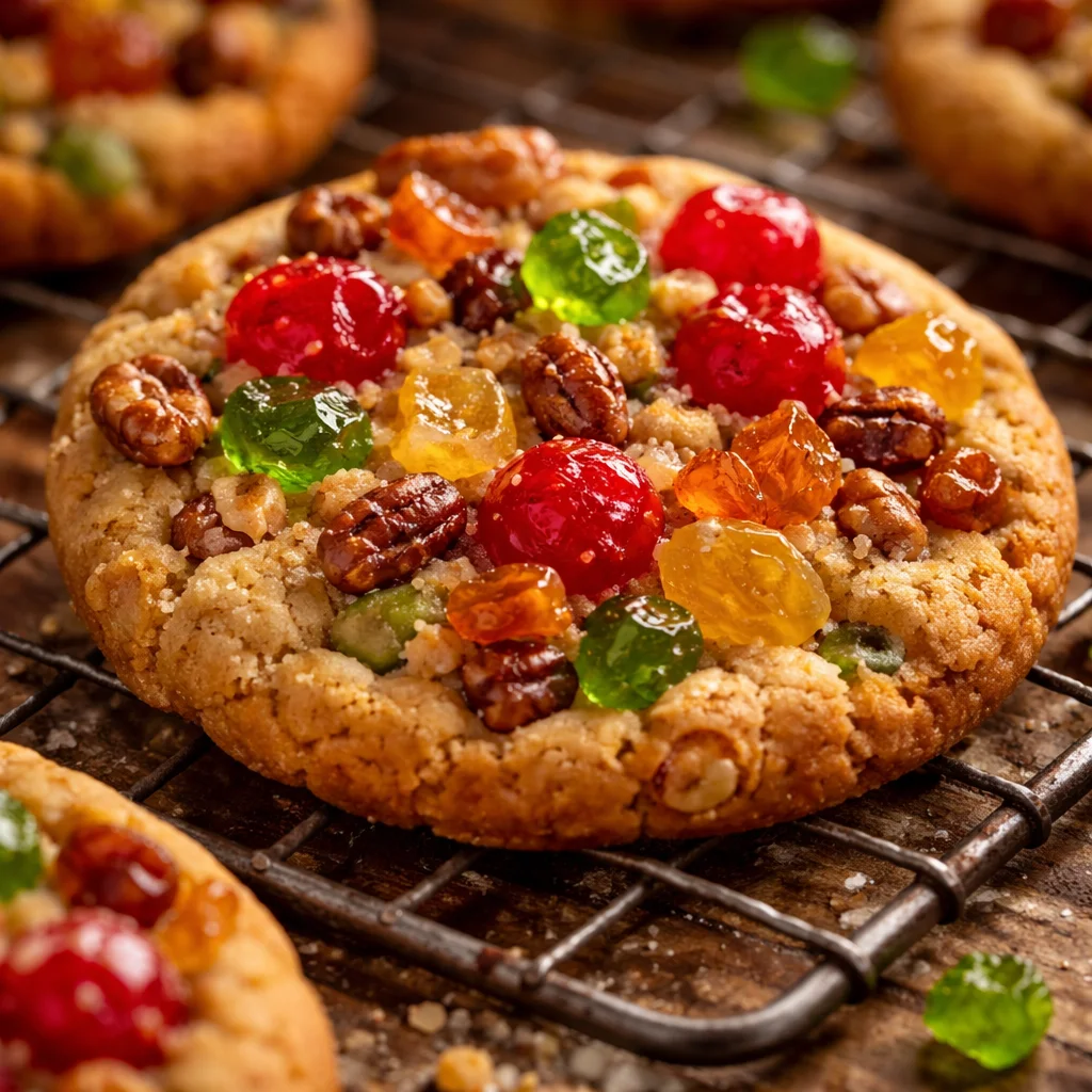 Delicious old fashioned fruitcake cookies with nuts and dried fruits.