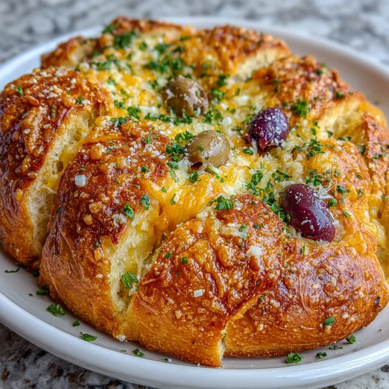 Freshly baked Olive Cheese Bread with olives and cheese melted on top.