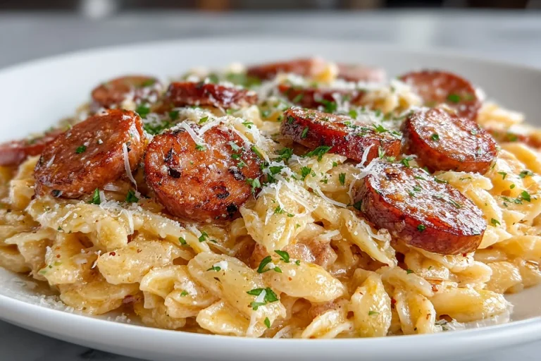 One-Pan Cheesy Kielbasa Pasta dish served in a bowl