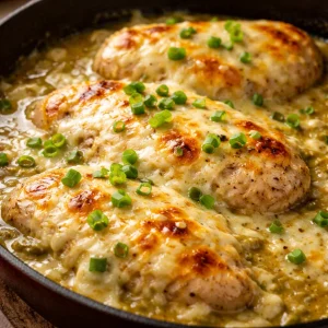 One Pan Keto Green Chili Chicken meal preparation with vegetables and spices.