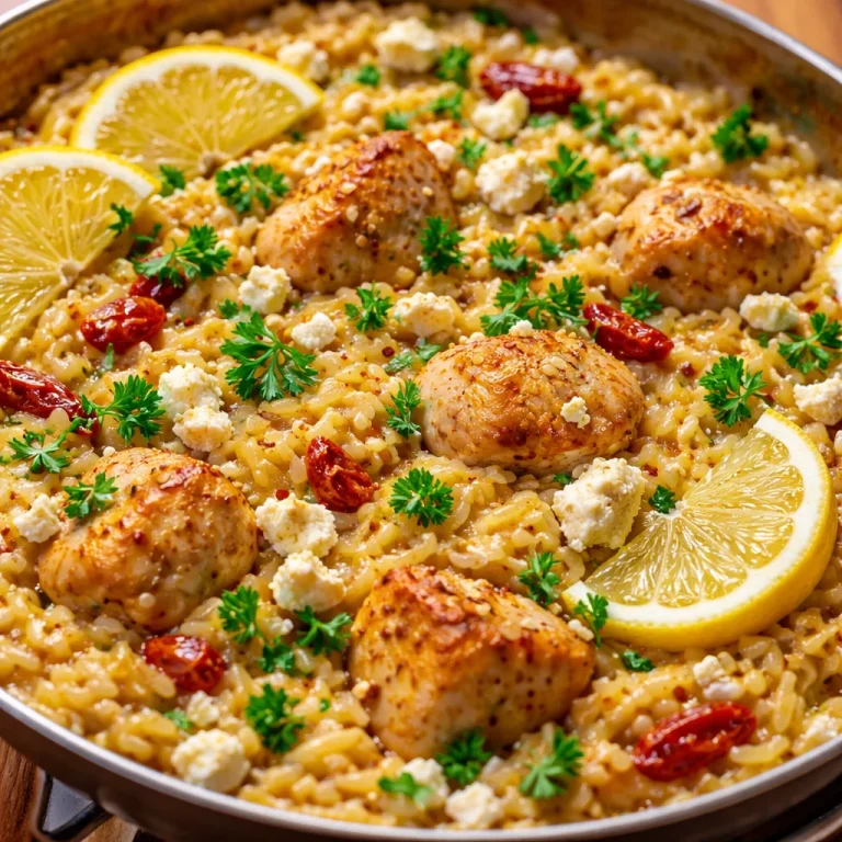 One Pot Feta Lemon Chicken Orzo Pasta dish with fresh herbs and lemon slices.