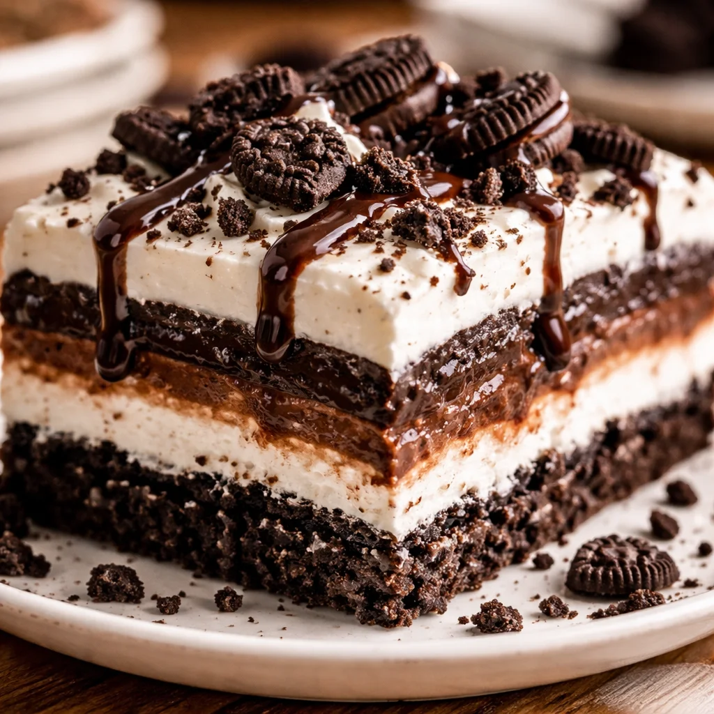 Decadent Oreo Lasagna dessert with layers of cookies and cream