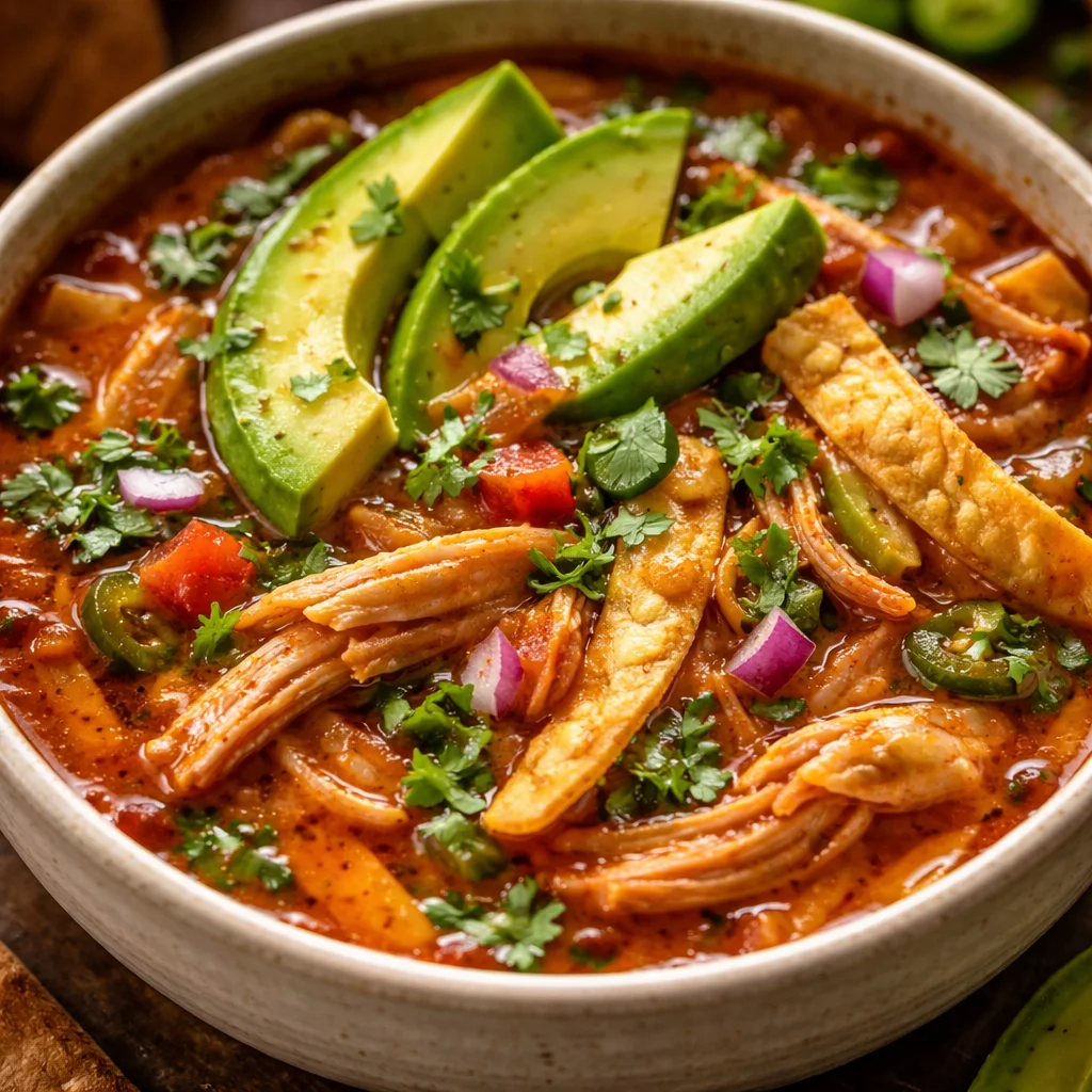 Bowl of Paleo Chicken Tortilla Soup topped with avocado and cilantro
