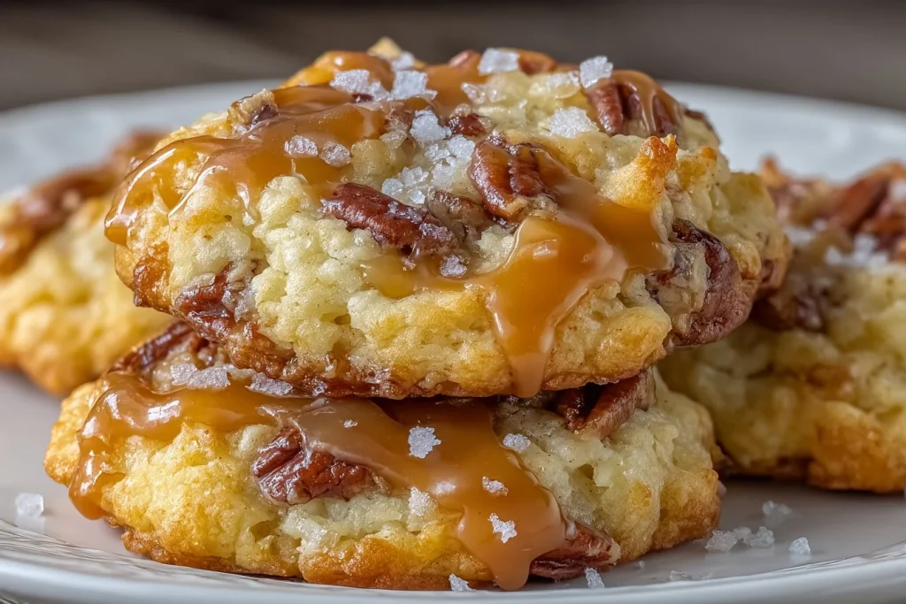 Freshly baked pecan caramel cookies with caramel drizzle and pecans on top