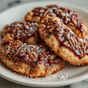 Delicious Pecan Crescent Cookies dusted with powdered sugar on a plate