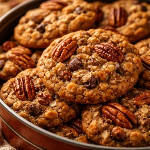 Freshly baked pecan oatmeal cookies on a wooden table