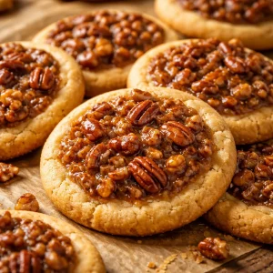 Freshly baked pecan pie cookies with nuts and caramel glaze