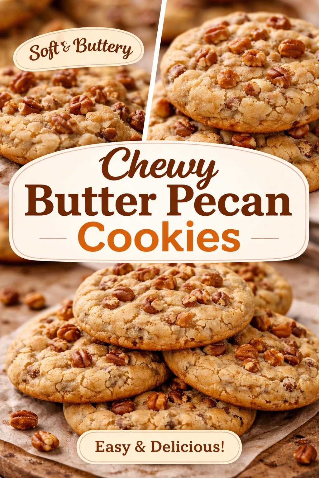 Freshly baked Pecan Sandies cookies on a rustic wooden table