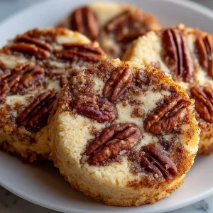 Homemade pecan shortbread cookies on a plate with a rustic background