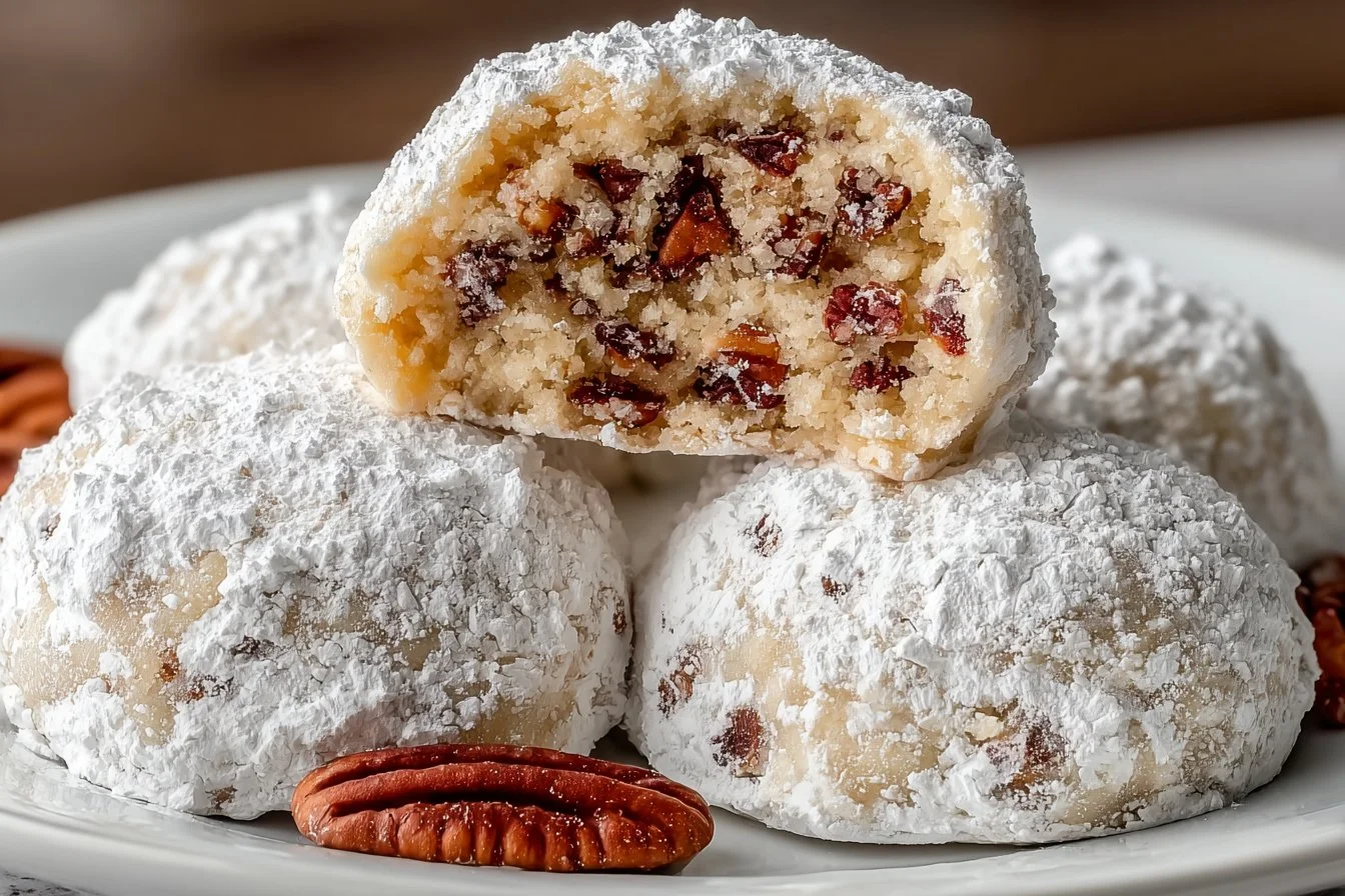 Batch of delicious Pecan Snowball Cookies dusted with powdered sugar