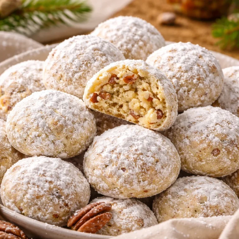 Delicious homemade Pecan Snowball Cookies dusted with powdered sugar.