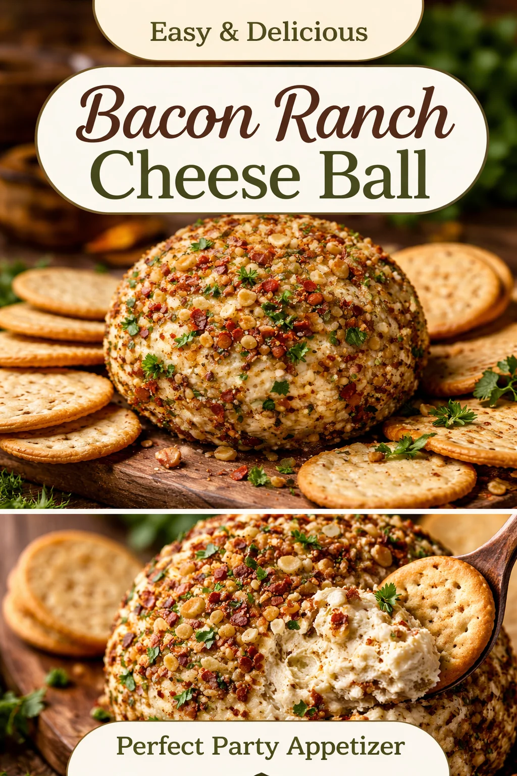 Roasted garlic asiago cheese ball served with crackers and herbs