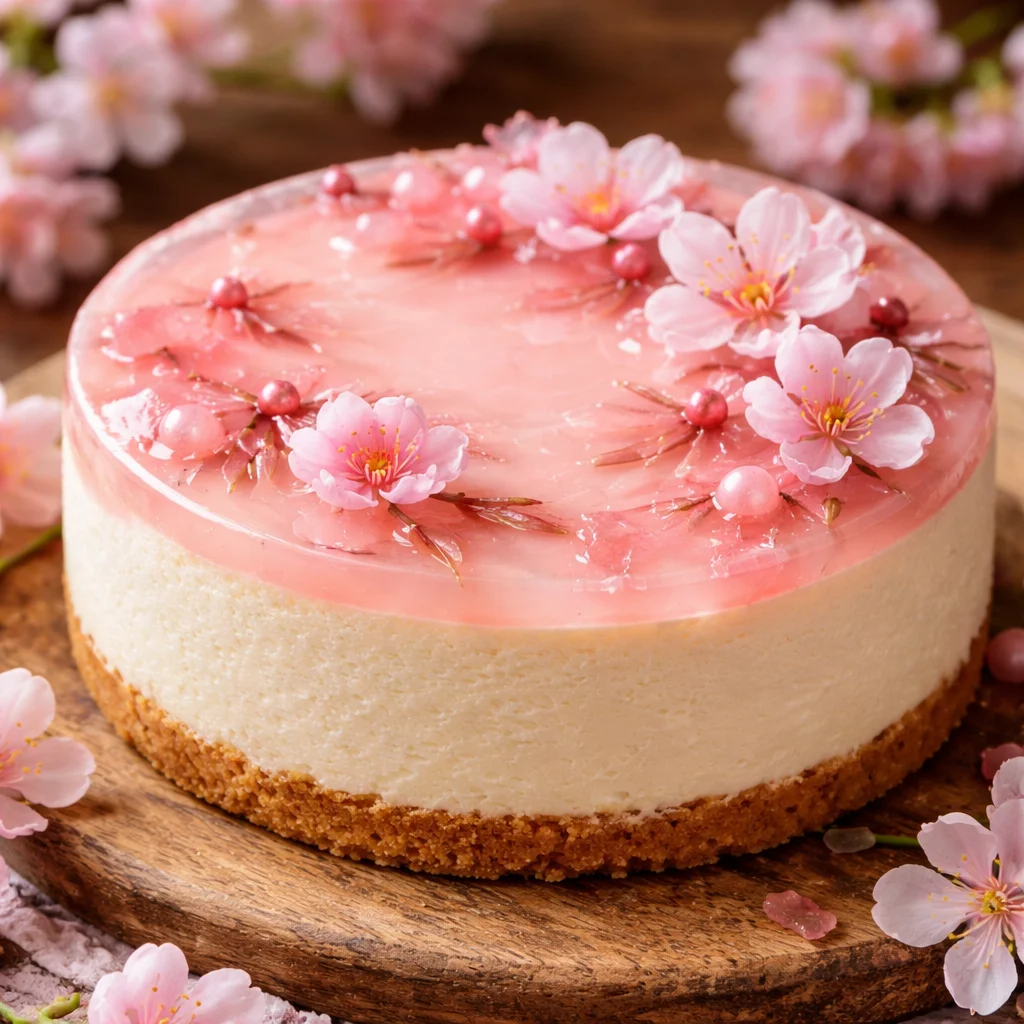 Sakura Cherry Blossom Japanese Cheesecake topped with cherry blossoms