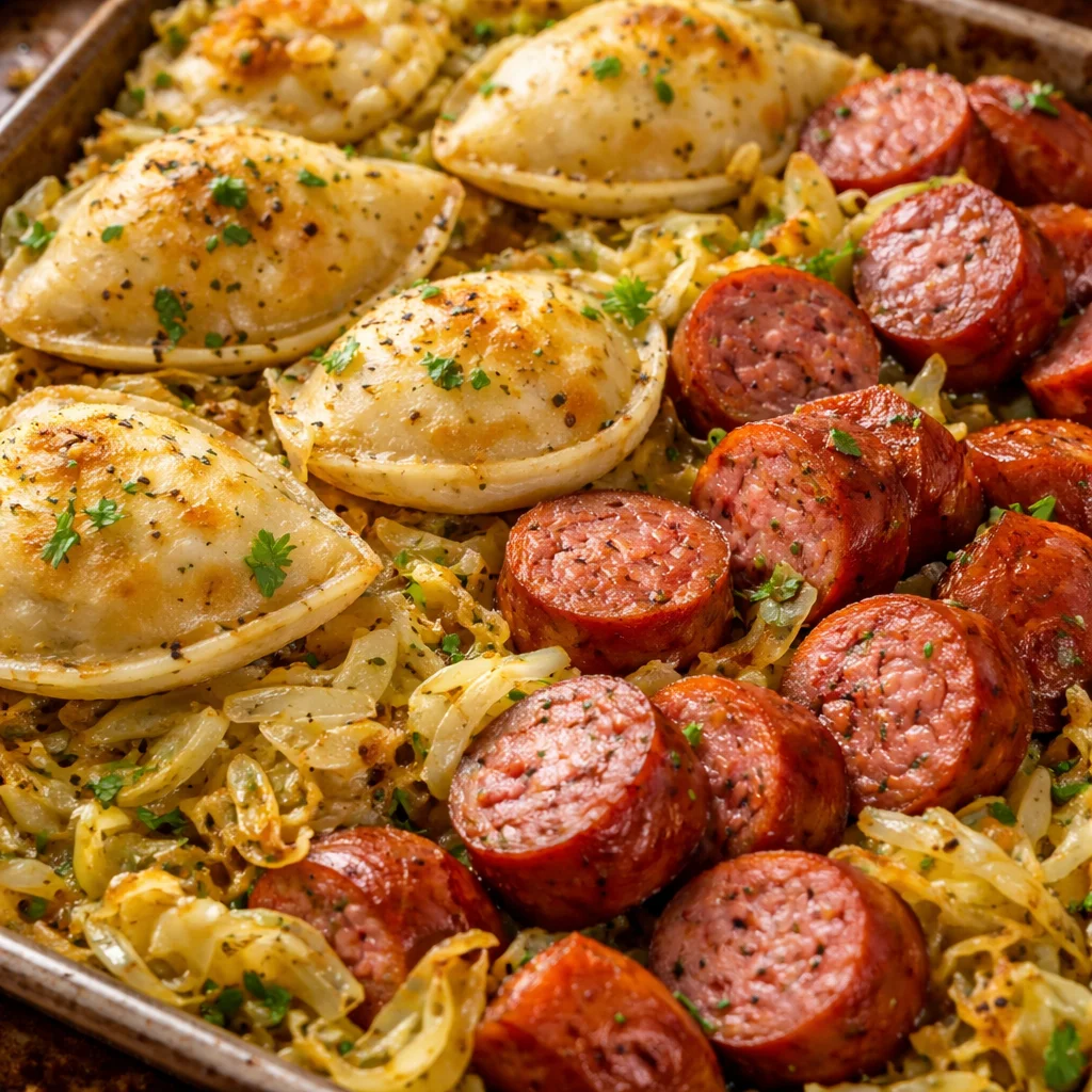 Sheet pan with sausage and pierogies baked to golden perfection