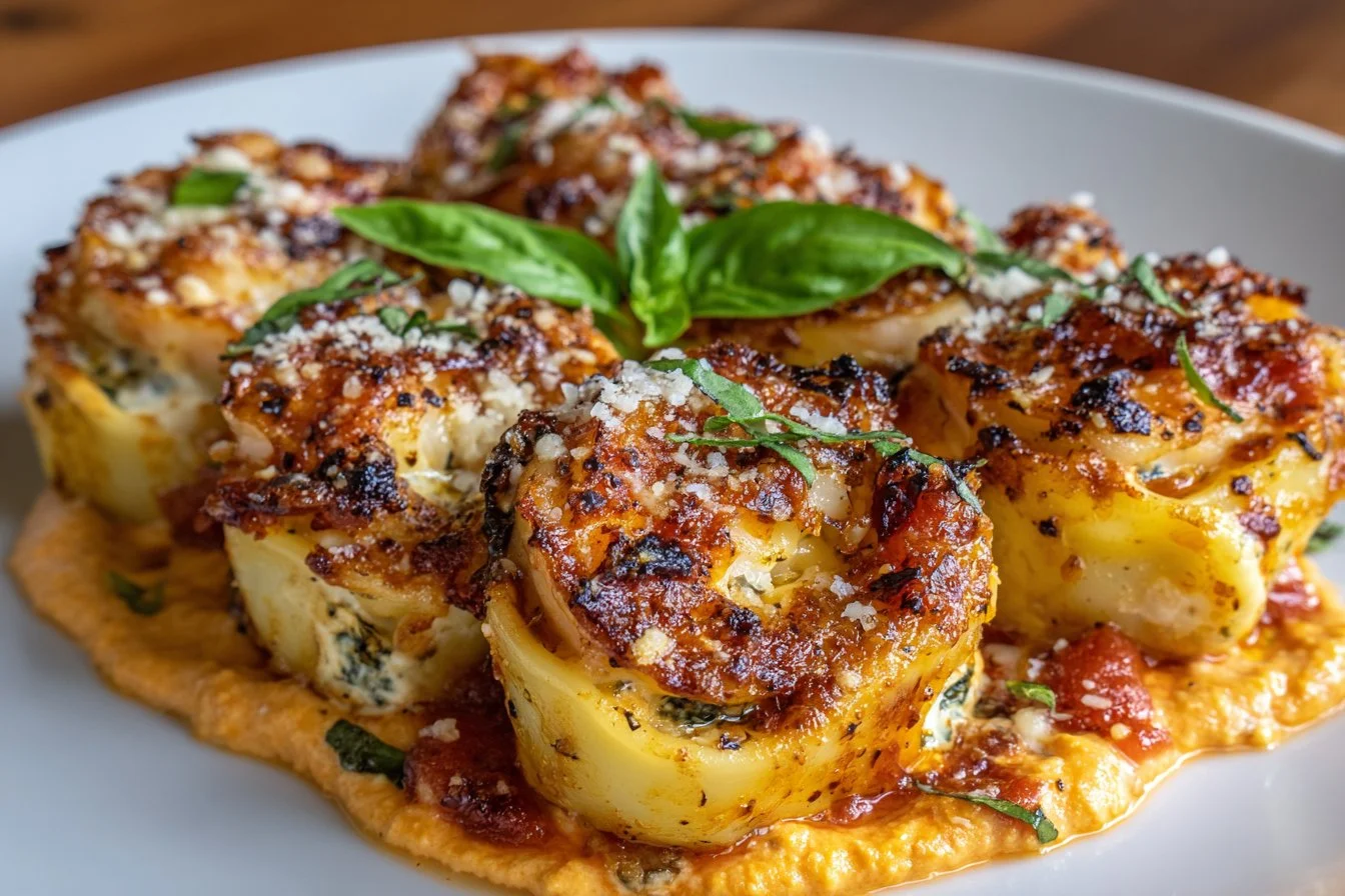 Shrimp and Spinach Stuffed Pasta Rolls with Roasted Red Pepper Cream: An Incredible 7-Step Recipe