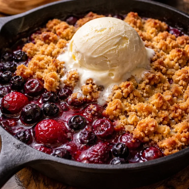 Delicious skillet berry cobbler topped with golden crust and fresh berries