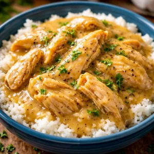 Slow cooker chicken and gravy dish served with mashed potatoes