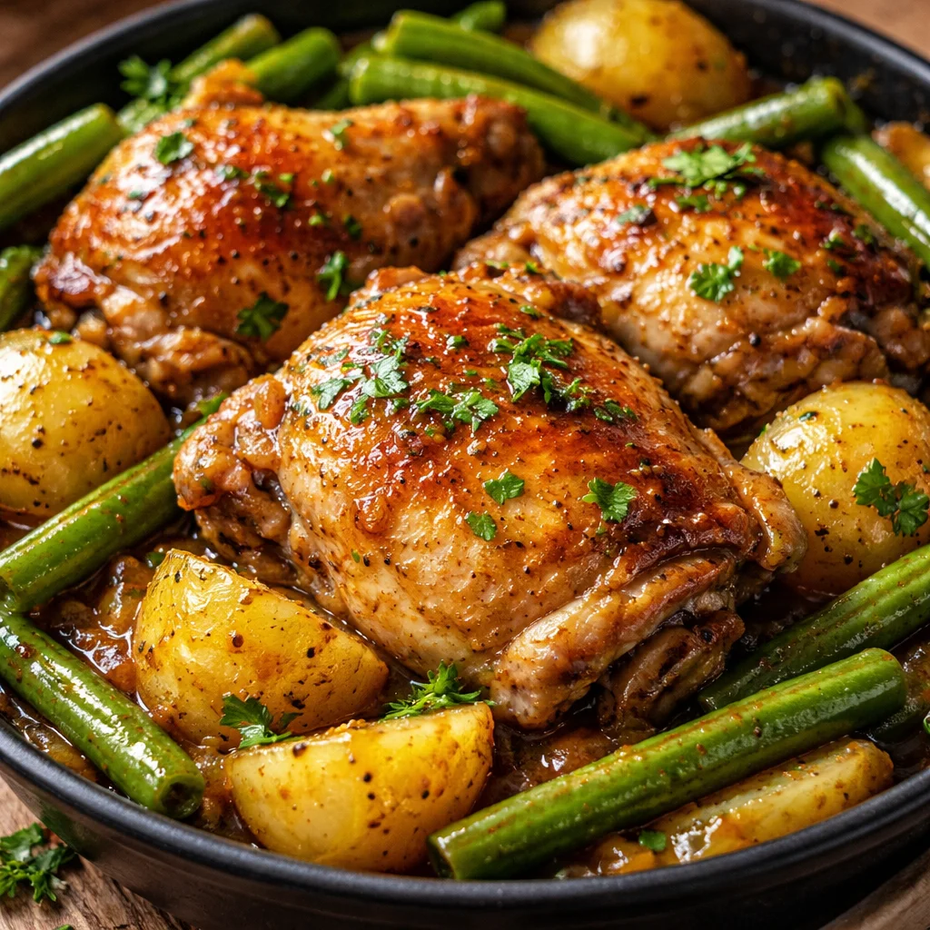 Slow cooker chicken and potatoes with green beans meal