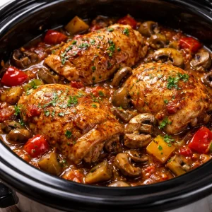 Slow cooker chicken cacciatore with vegetables and herbs