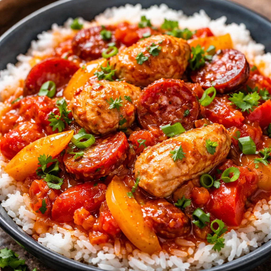 Bowl of slow cooker chicken and chorizo stew garnished with fresh herbs