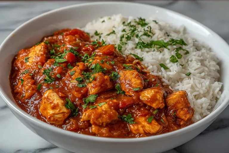 Delicious slow cooker chicken curry served in a bowl with rice and herbs.