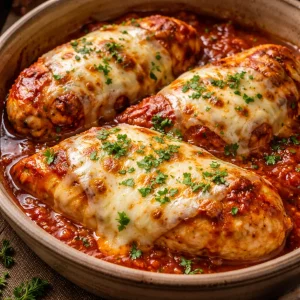 Slow cooker chicken cooked with marinara sauce and topped with mozzarella cheese