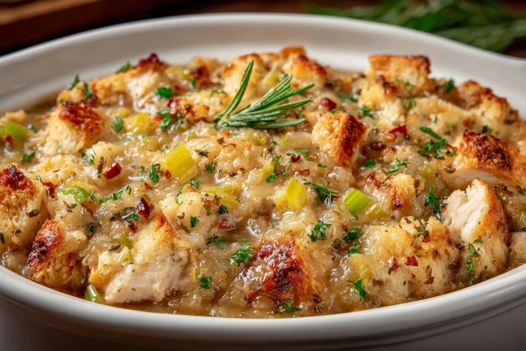 Slow cooker chicken with stuffing served on a plate