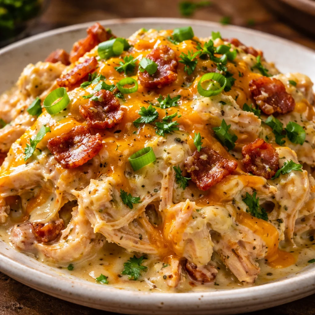 Slow Cooker Cream Cheese Crack Chicken in a bowl with green onions