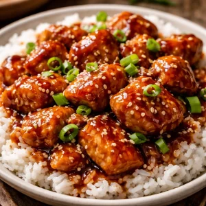 Slow cooker honey garlic chicken dish served with rice and vegetables