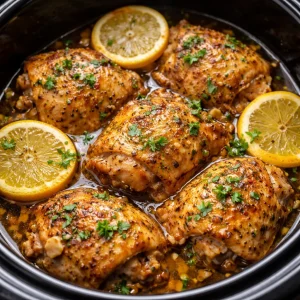 Delicious slow cooker lemon garlic butter chicken thighs served with herbs