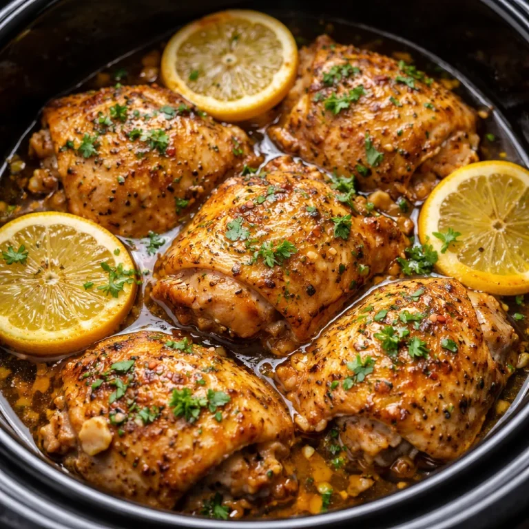 Delicious slow cooker lemon garlic butter chicken thighs served with herbs
