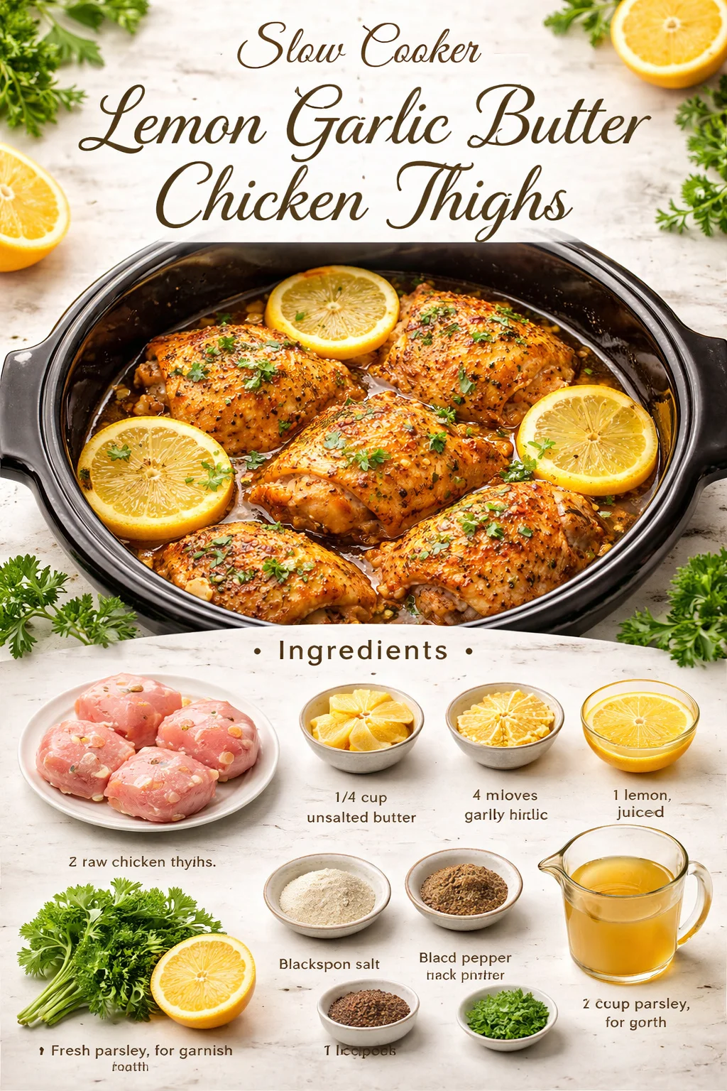 Slow Cooker Lemon Garlic Butter Chicken Thighs