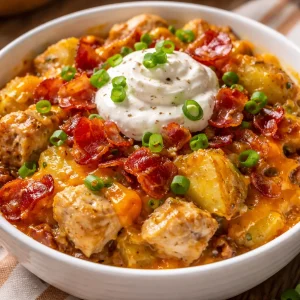 Delicious slow cooker loaded chicken and potato casserole served in a bowl