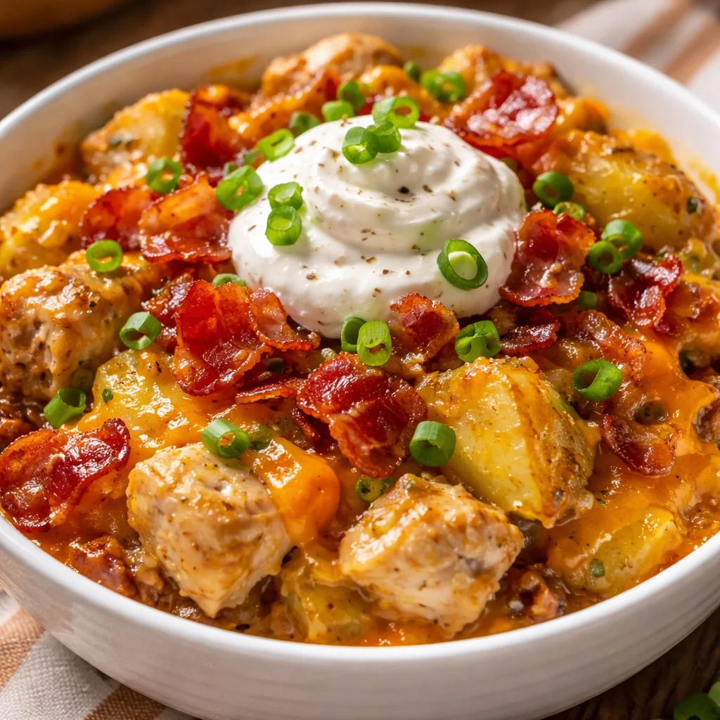 Delicious slow cooker loaded chicken and potato casserole served in a bowl