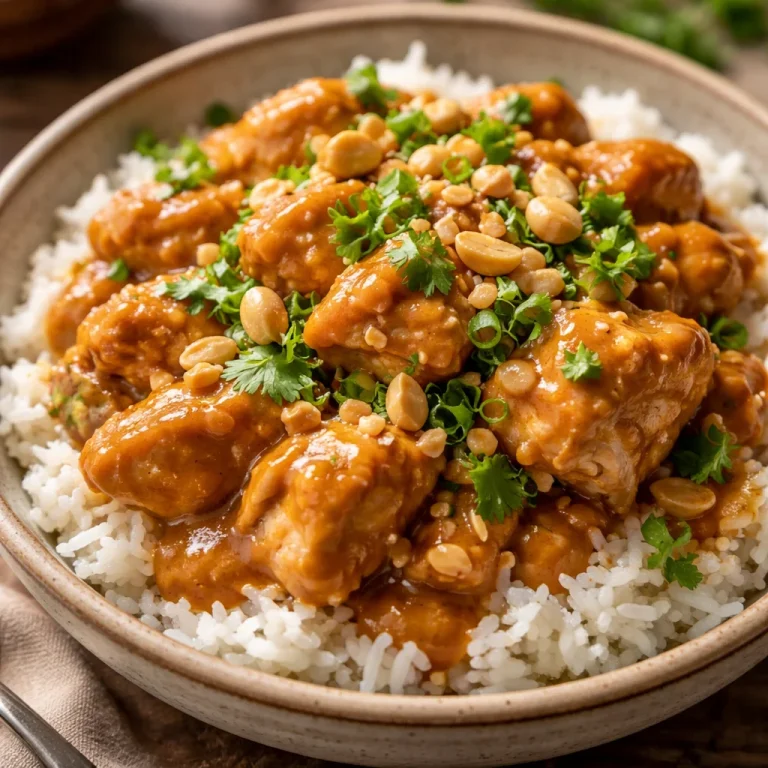 Slow Cooker Peanut Chicken dish served with rice and vegetables