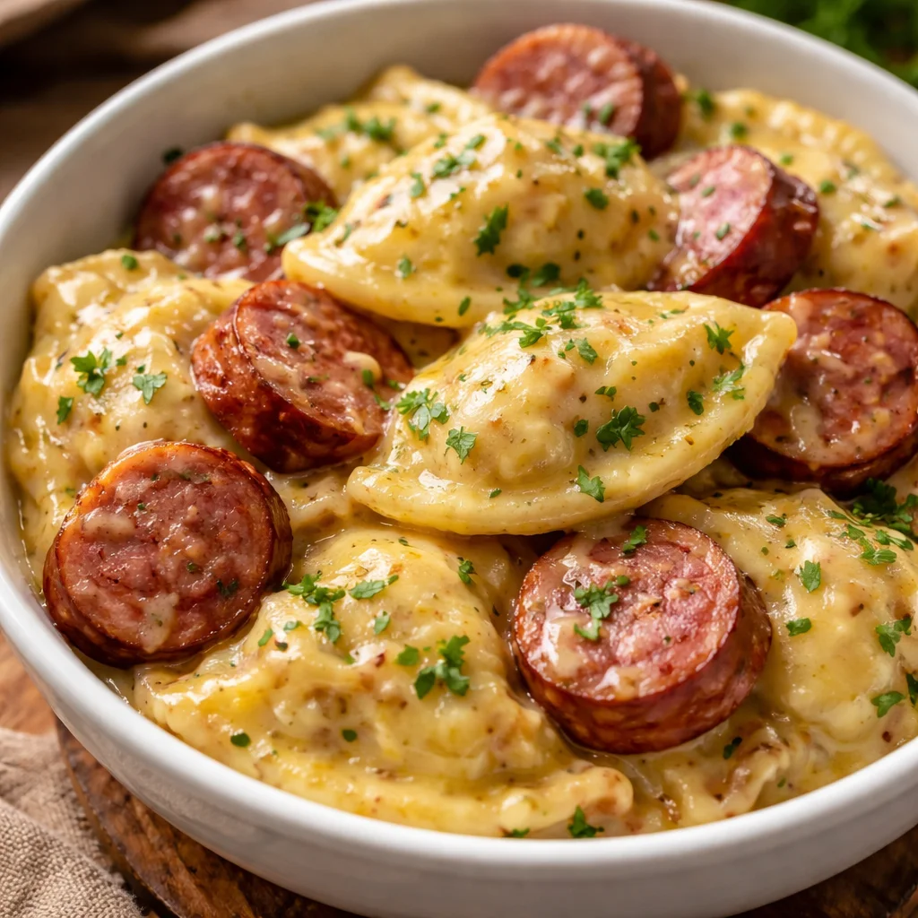 Slow Cooker Pierogi and Kielbasa Bake