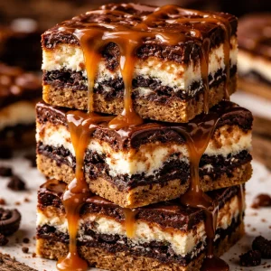 Delicious Slutty Cheesecake Bars with layers of cheesecake and cookie dough