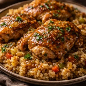 Delicious smothered chicken served over fluffy rice in a comforting dish