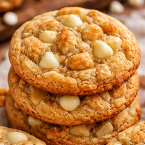 Soft and chewy gluten-free white chocolate macadamia nut cookies on a plate