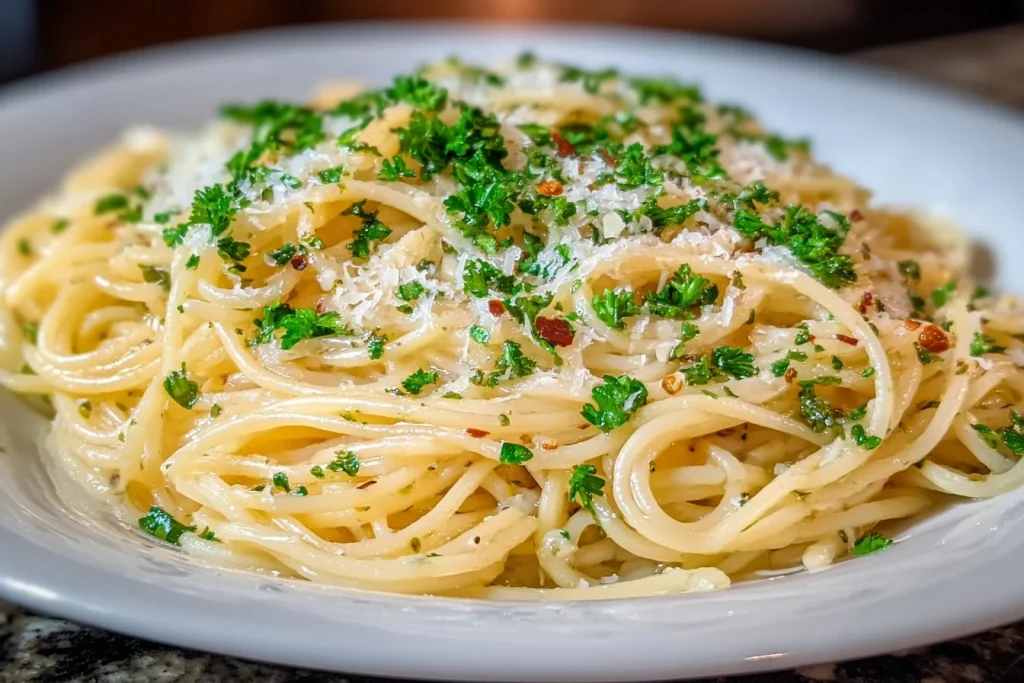 Delicious spaghetti with garlic and oil served in a bowl
