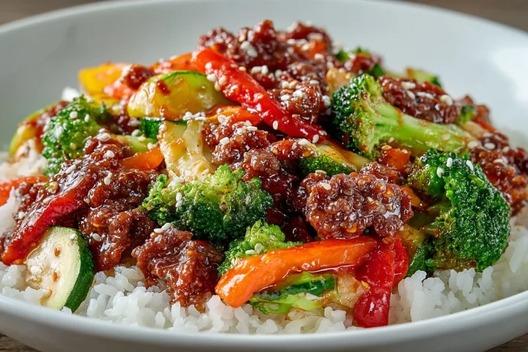 Spicy ground beef stir-fry bowl with garlic vegetables and rice served in a bowl