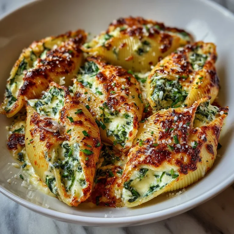 Delicious Spinach and Ricotta Stuffed Shells topped with marinara sauce and cheese
